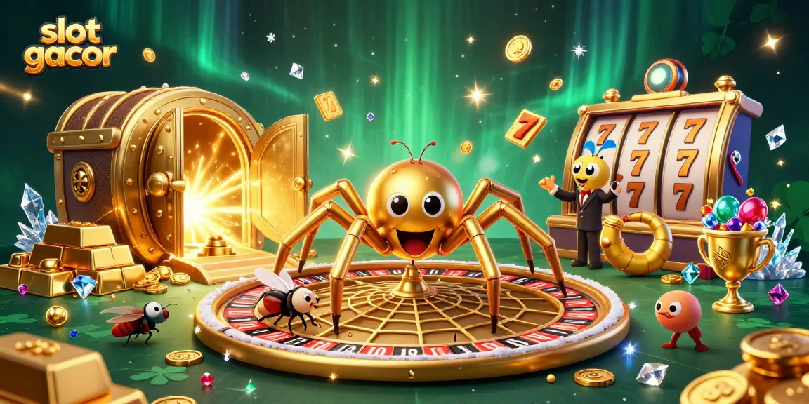 Place bets on slot gacor as the golden spider spins a roulette wheel web.