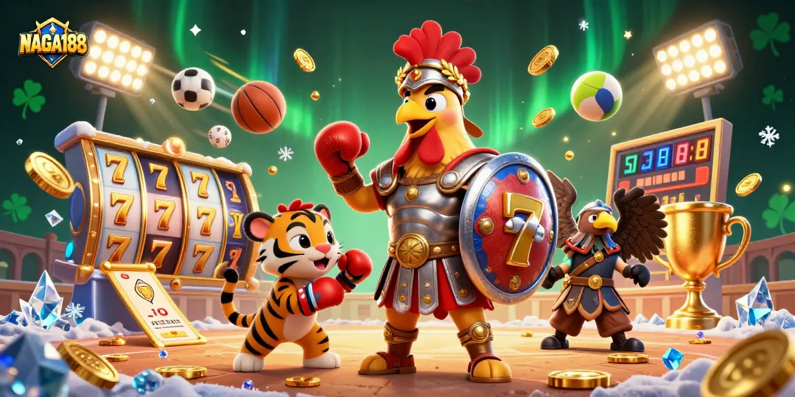 NAGA188 menyajikan kolase meriah dengan ayam gladiator 3D dan elemen slot untuk pengalaman judi yang menarik.