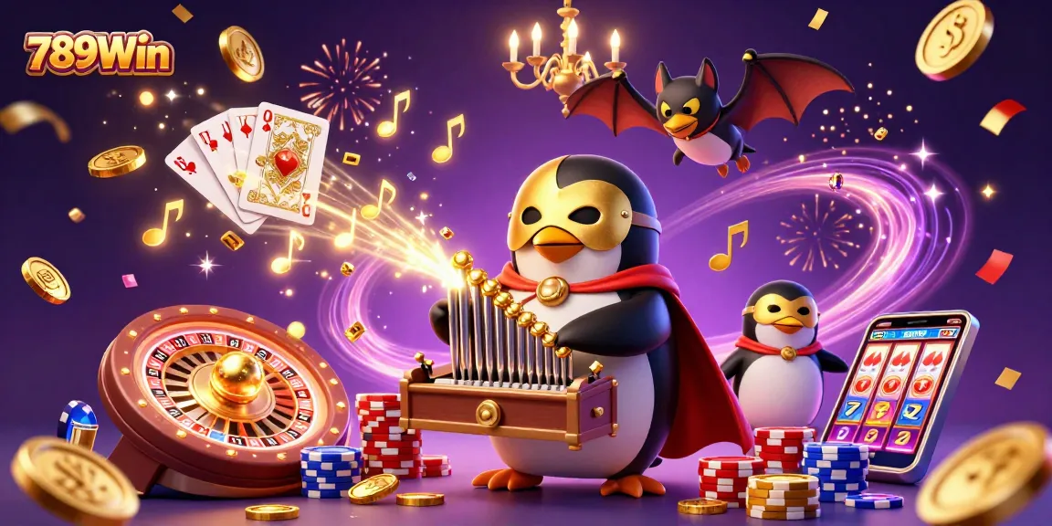 Experience thrilling scenes of 789Win with a penguin playing casino music while coins cascade around!