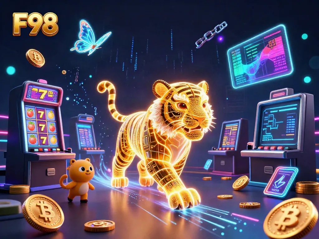 Experience the vibrant energy of F98 in a digital casino environment filled with neon and blockchain elements.