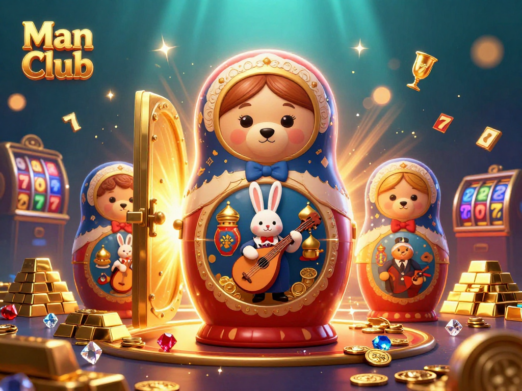 Engaging casino scene with "Man Club" featuring vibrant characters and dynamic gold elements.