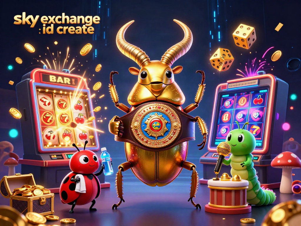 Experience the excitement of betting with sky exchange id create, featuring vibrant casino elements and a glowing stag beetle champion.