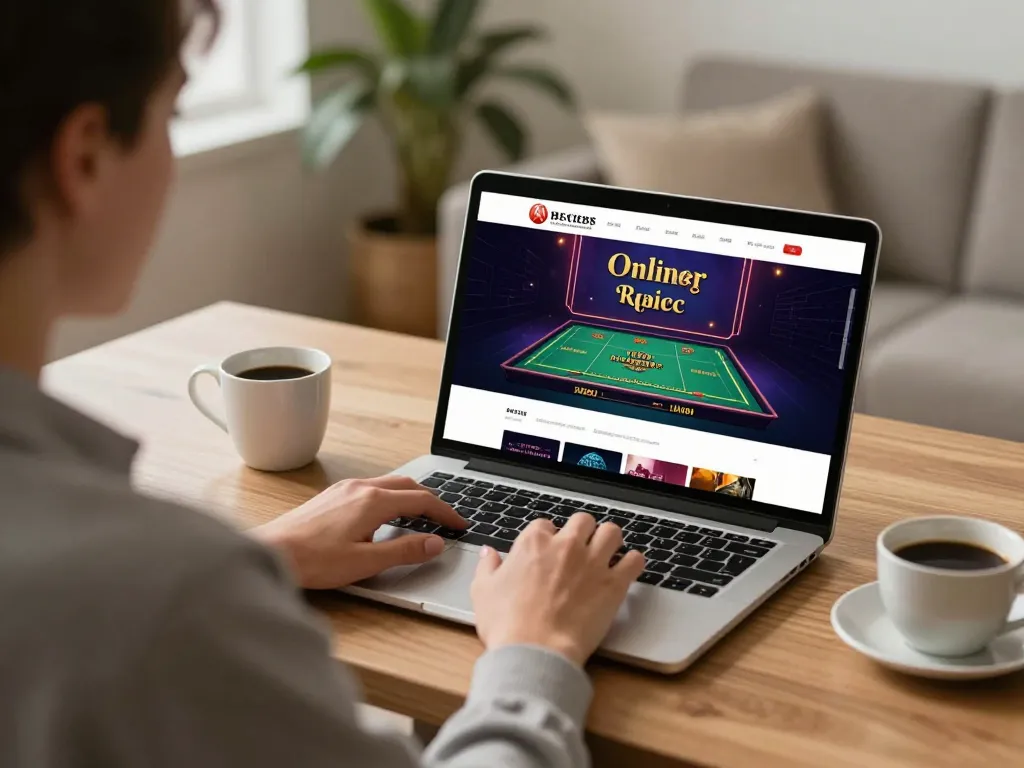 Engaging scene of a player at nhà cái okfun using a laptop for online betting with a cozy ambiance