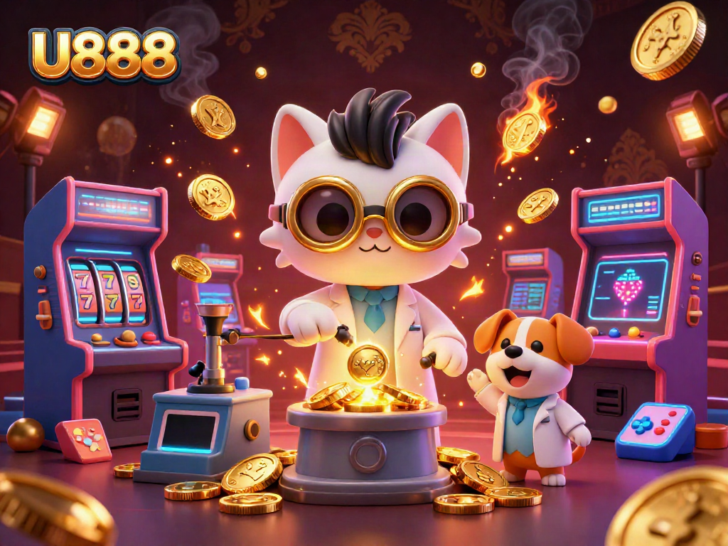 Win big with U888's vibrant, animated casino scene featuring colorful characters and game elements.