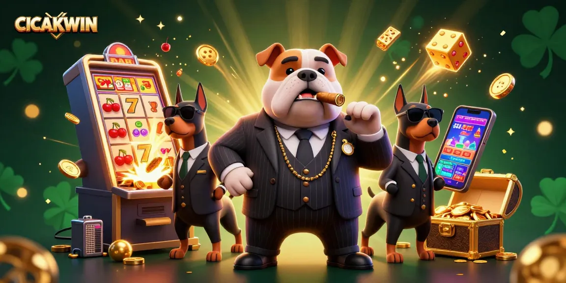 CICAKWIN showcases a dynamic mafia-themed casino adventure with a bulldog boss and slot machine explosion.