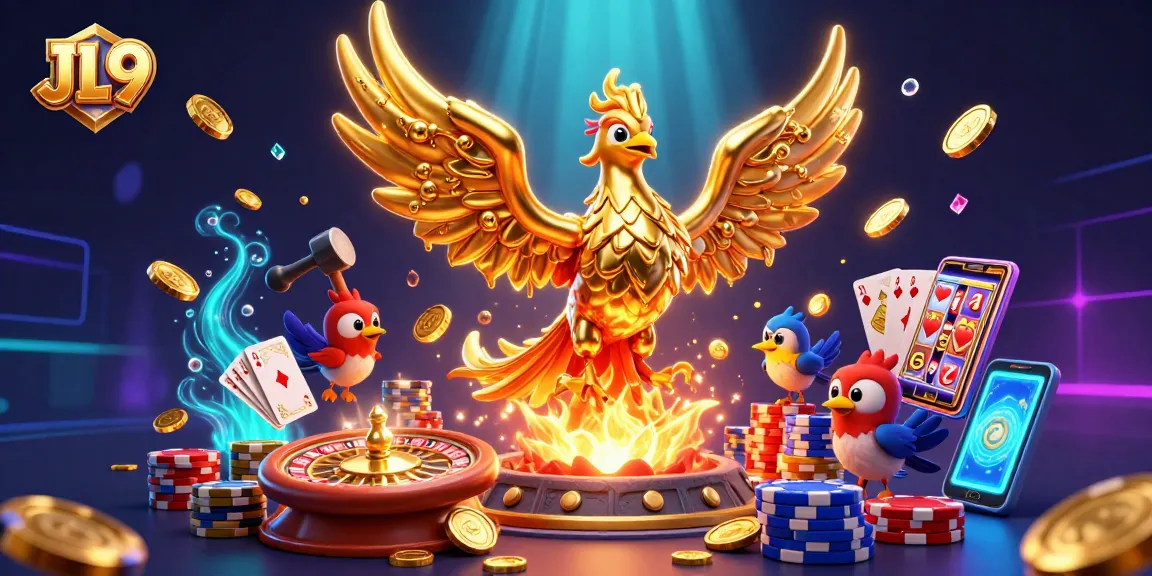 Experience thrilling wins at JL9's online casino with vibrant golden phoenix and casino elements.