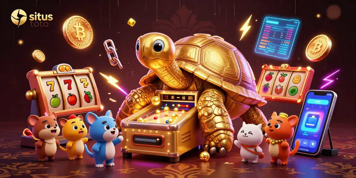 Mengakses situs toto dengan karakter unik, simbol permainan slot, dan elemen perjudian yang dinamis.
