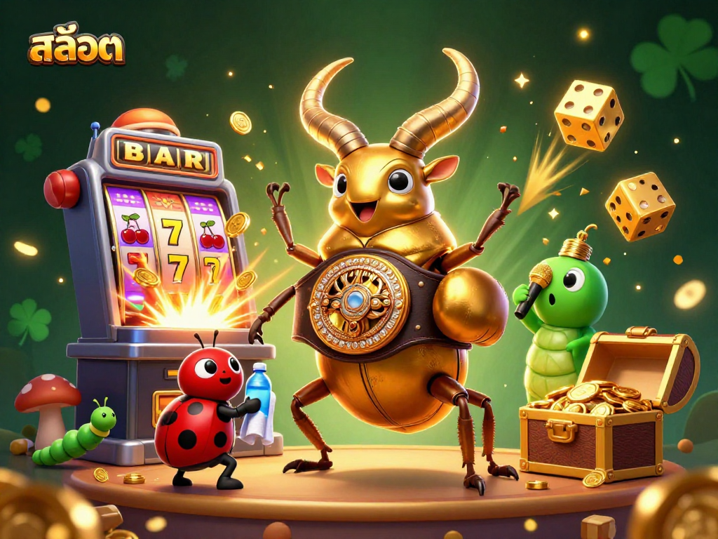 Experience thrilling สล็อต action with a giant golden stag beetle champion, lucky symbols, and dynamic casino elements.
