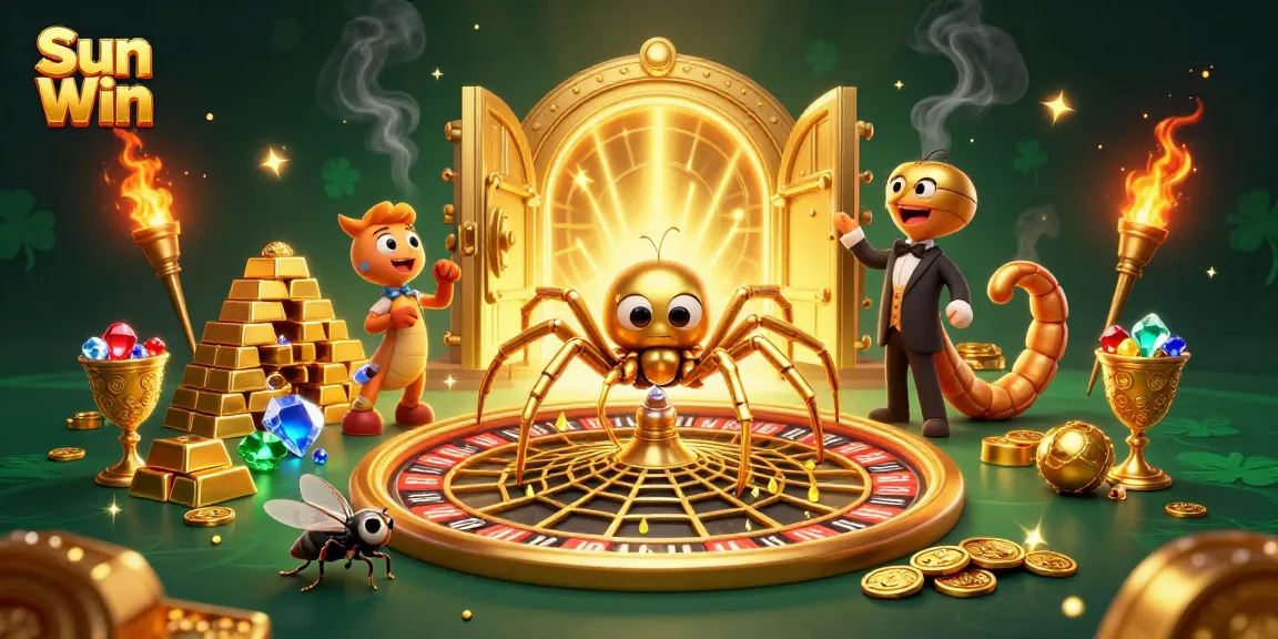 Bet confidently at Sun Win with a 3D vibrant gambling scene including a spider-rigged roulette wheel and sparkling treasures.