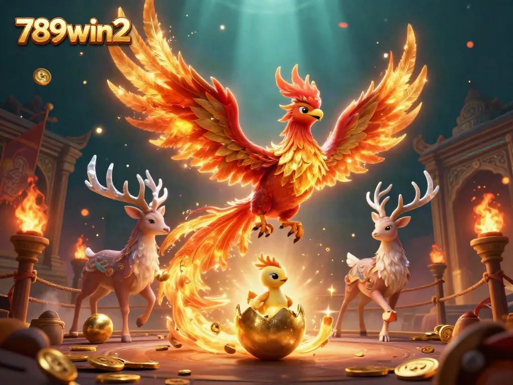 Experience the thrill of gaming at 789win2 with a vibrant casino illustration featuring a phoenix and a mystical stag.