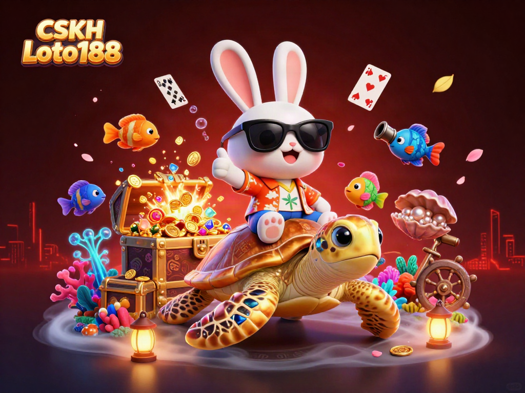CSKH Loto188: Join the exhilarating adventure with a lucky rabbit and golden turtle in a vibrant underwater scene.