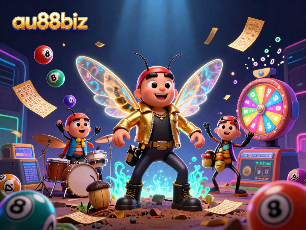 Spin the winning numbers with AU88biz's gaming excitement in this dynamic 3D illustration