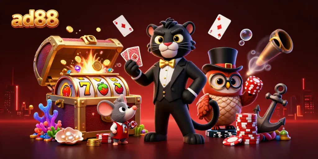 Engage with ad88's vibrant casino world through a stylish panther and whimsical owl in a 3D splash of colors.