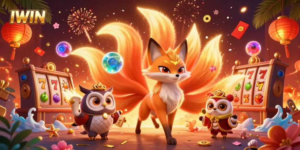 IWIN interactive online slots scene with vibrant characters and festive decorations