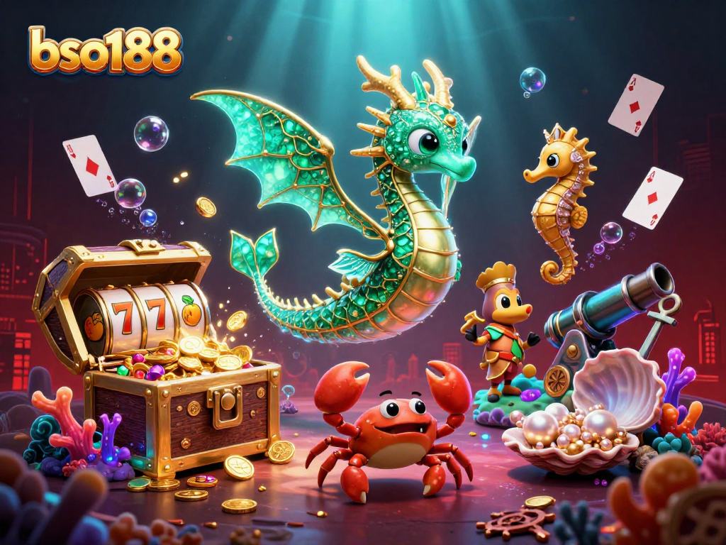bso188 immerses players in a vibrant underwater casino scene filled with treasures and slot reels.