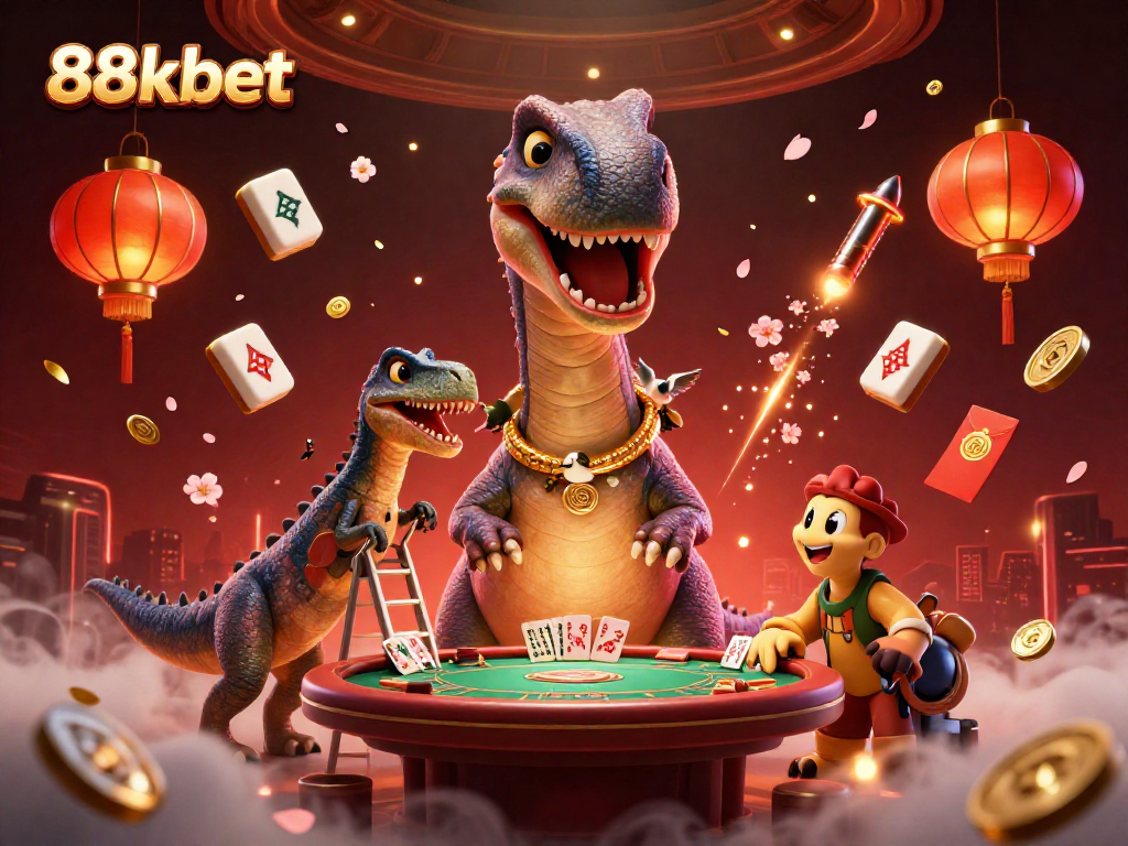 Experience strategic gaming thrills at 88kbet with a lively 3D casino illustration showcasing dynamic characters and elements.
