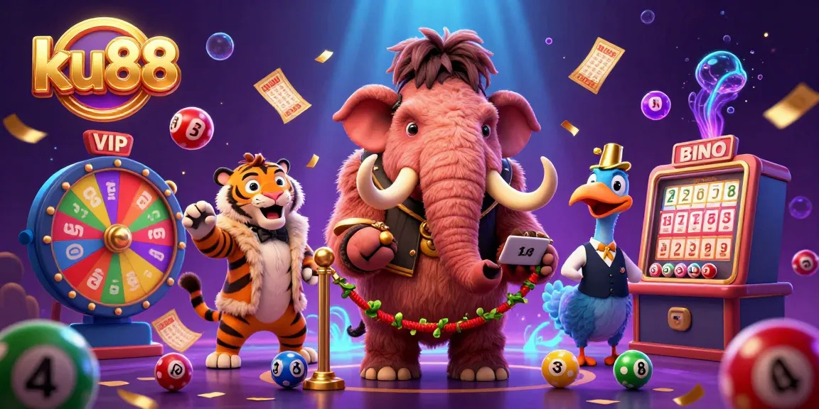 Engage with ku88's vibrant casino scene featuring a mammoth bouncer and dynamic lottery elements.