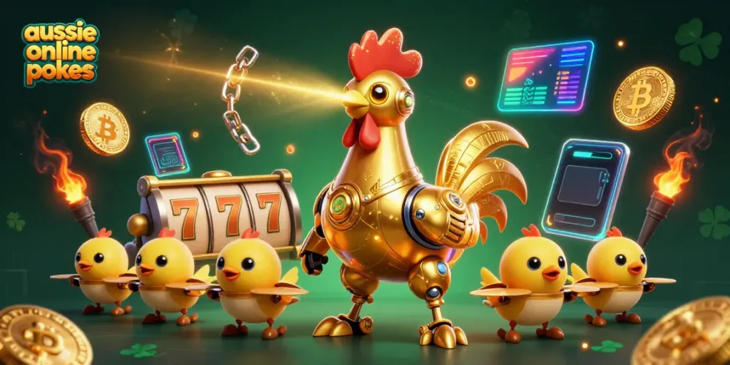 Experience immersive gameplay with aussie online pokies, featuring vibrant robots and crypto elements.
