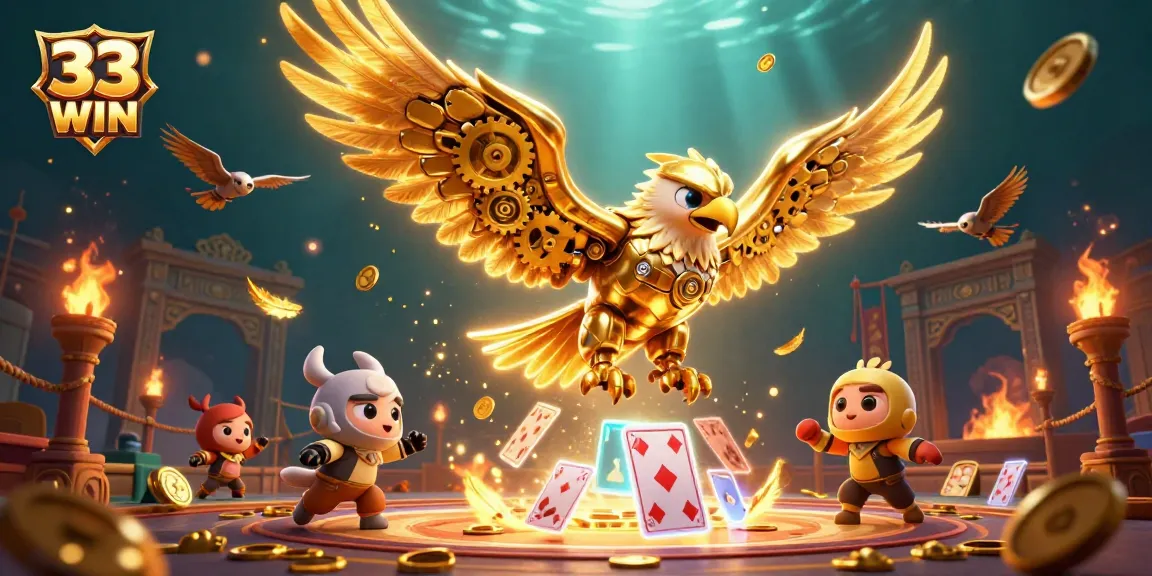 Immerse in the excitement of 33 WIN with a cybernetic eagle soaring through a vibrant casino scene.