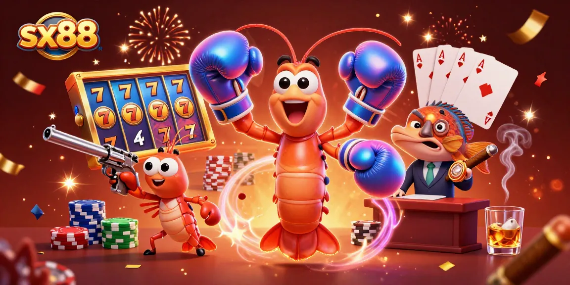 SX88 players celebrating a big win at the slot machines, surrounded by joyful casino elements.