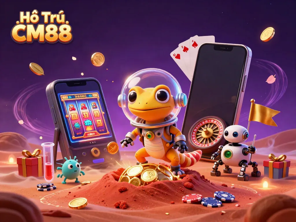 Engage with Hỗ Trợ CM88 as a Martian gecko discovers a golden casino amidst vibrant gaming elements.