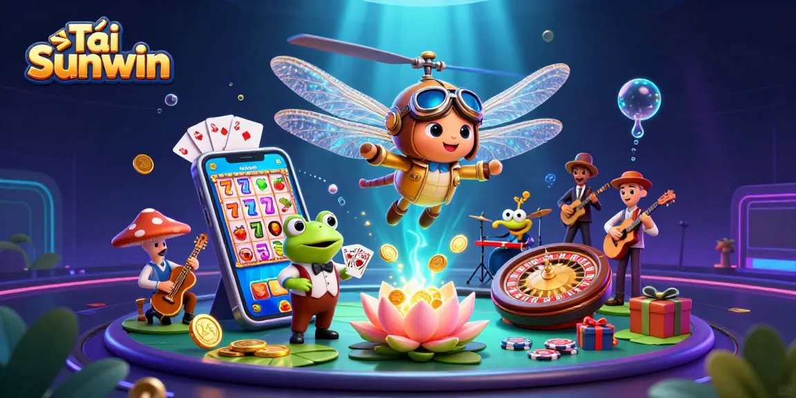 Tải Sunwin your luck in an animated casino scene with a dragonfly pilot and a frog dealer.