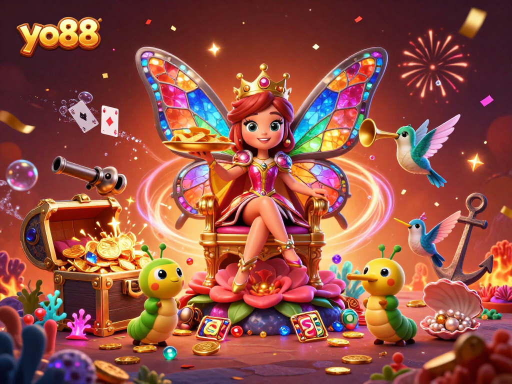 Spin the reels with yo88 amidst vibrant casino-themed 3D illustration, featuring a butterfly queen and treasures.