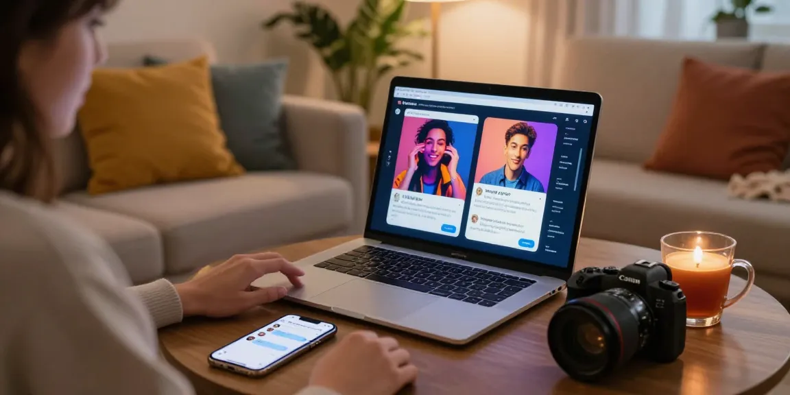 Engaging scene showcasing a cozy living room with a user interacting with Crushon AI, featuring NSFW AI images on the laptop screen.