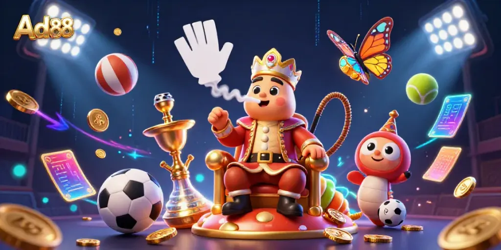 Experience excitement with Ad88’s vibrant casino illustration featuring a whimsical caterpillar master and dynamic sports elements.