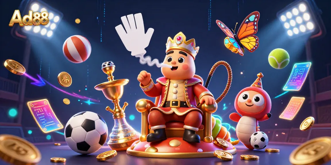 Experience excitement with Ad88’s vibrant casino illustration featuring a whimsical caterpillar master and dynamic sports elements.