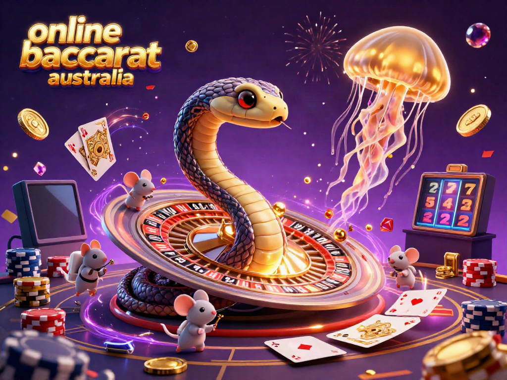 Engaging scene of online baccarat australia with a Saturn ring snake dealer and astronaut mice betting.