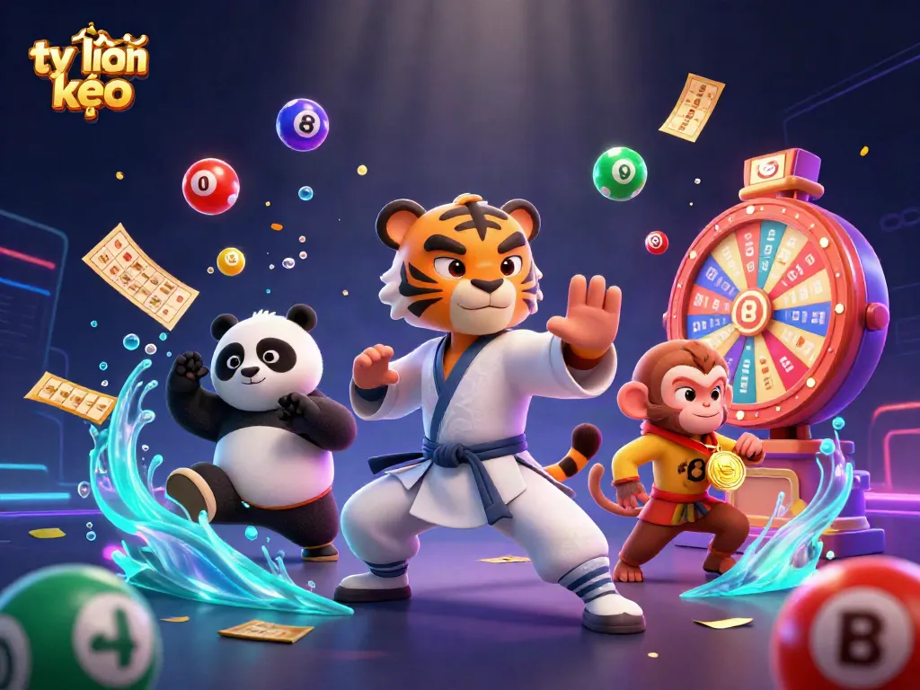 Bet on tỷ lệ kèo in a vibrant casino scene featuring a kung fu master, panda, and monkey.