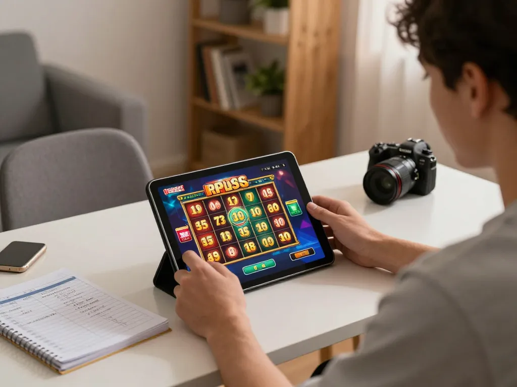Engaging with vibrant slot pulsa gameplay on a tablet, showcasing strategic gaming.