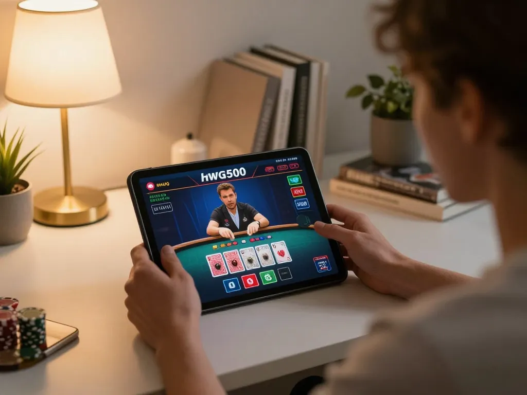 Engaging gameplay at hwg500 casino on tablet, showcasing live dealer interactions.