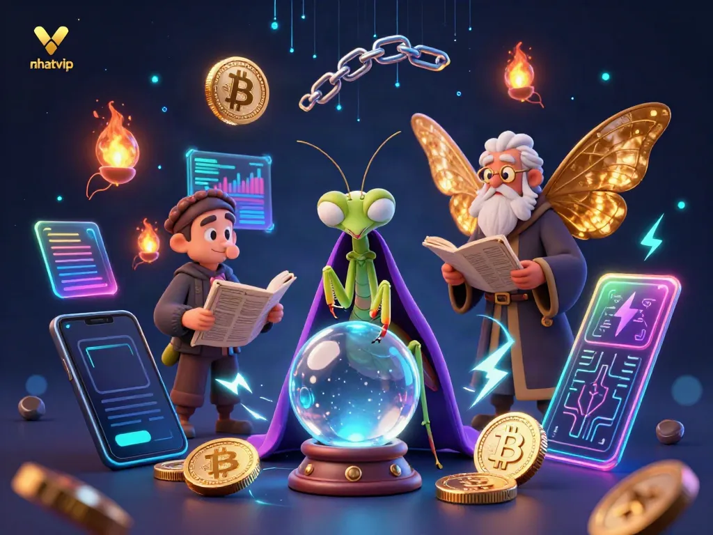Nhatvip gamblers delight in an animated casino scene with mystical elements, crypto coins, and vibrant interactions.