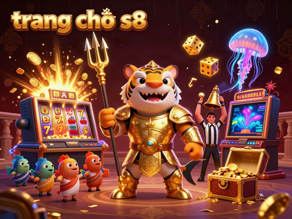 Experience the excitement at trang chủ s8 with a dynamic casino scene featuring a shark in armor and vibrant gaming elements.