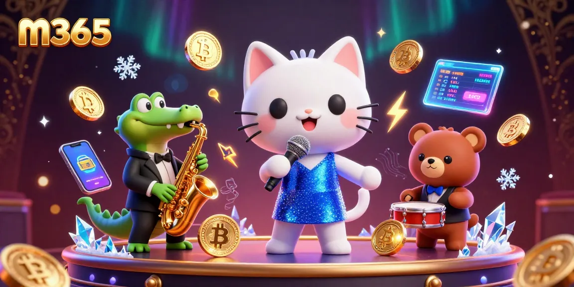 Join m365 for thrilling casino fun with a jazzy cat, croc, and bear in a vibrant online gaming scene.