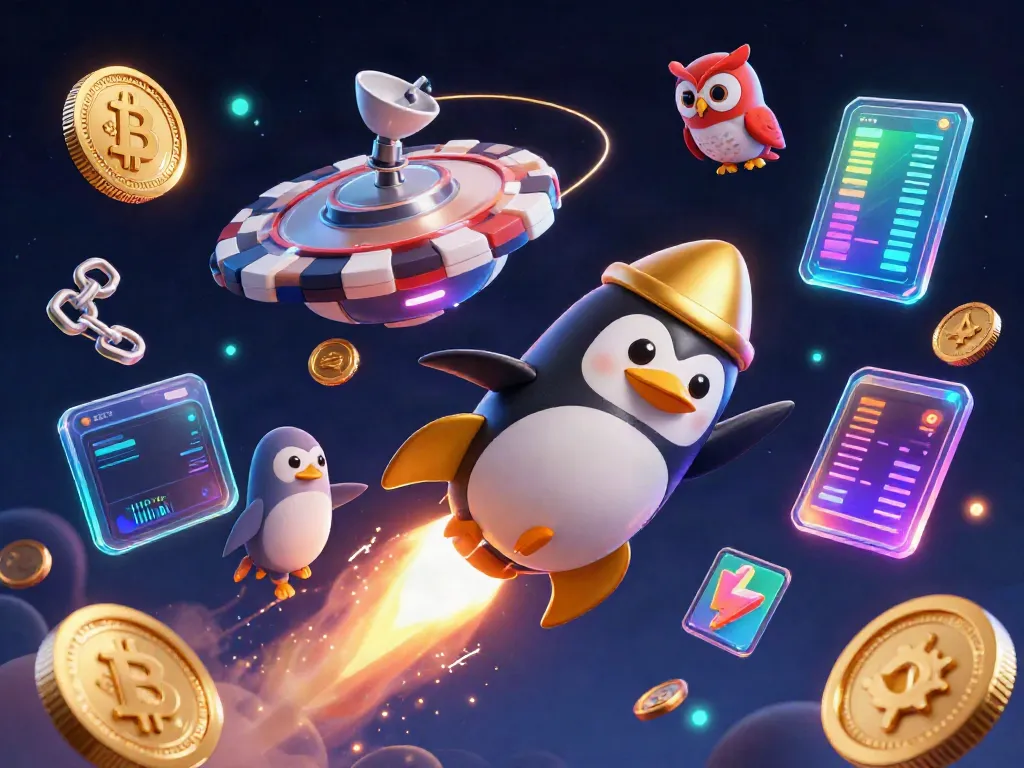 Nhat Vip game features a golden penguin spaceship surrounded by crypto coins and casino elements.