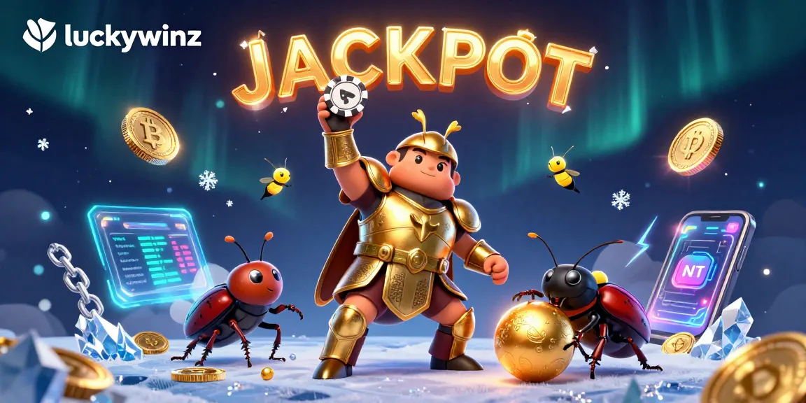 Engage with luckywinz as a cartoon beetle celebrates victory with poker chip amidst vibrant casino elements.