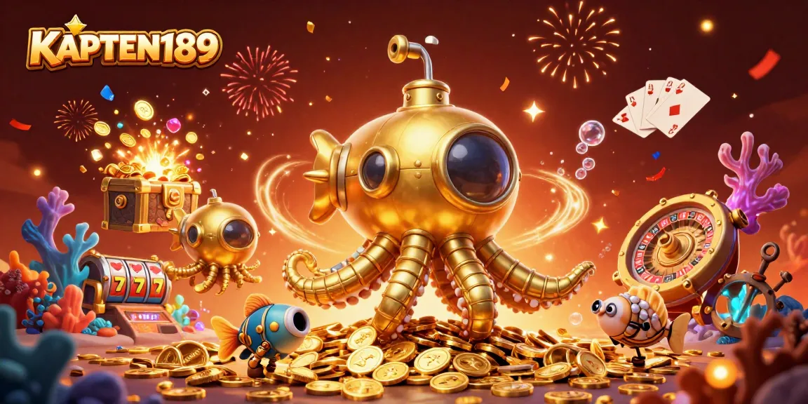 KAPTEN189 menampilkan desain mewah dengan simbol slot dan jackpot dalam ilustrasi kasino digital yang dinamis.