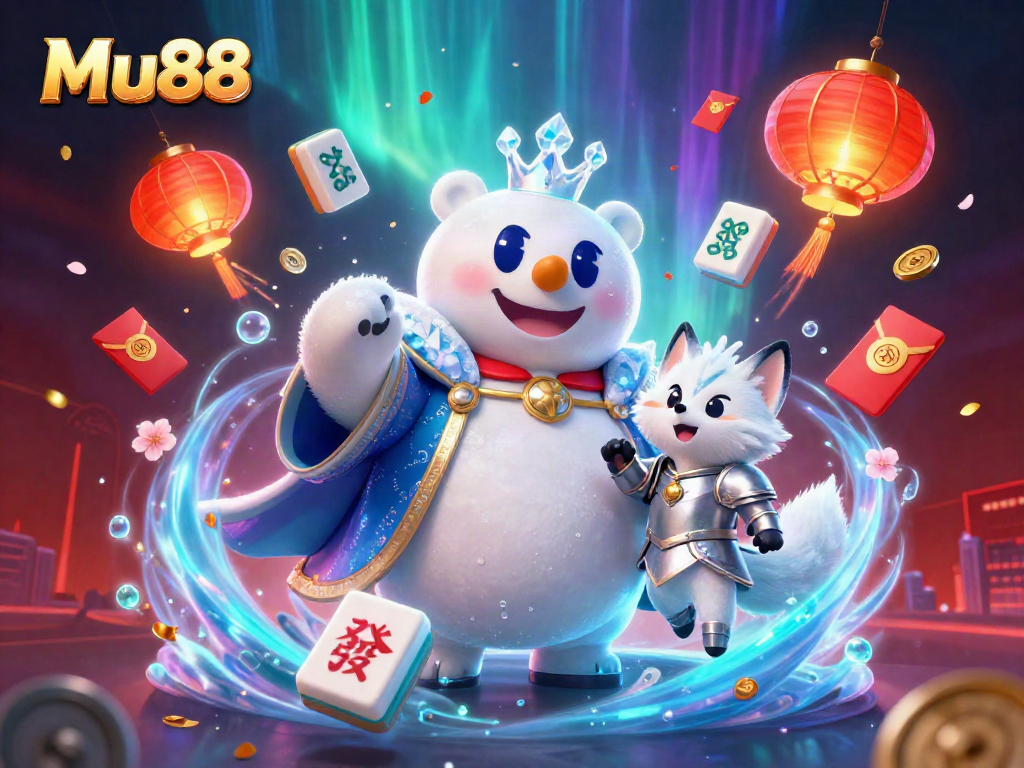 Join Mu88's exciting gaming adventure with a polar bear king and his fox companion amidst shimmering casino elements.