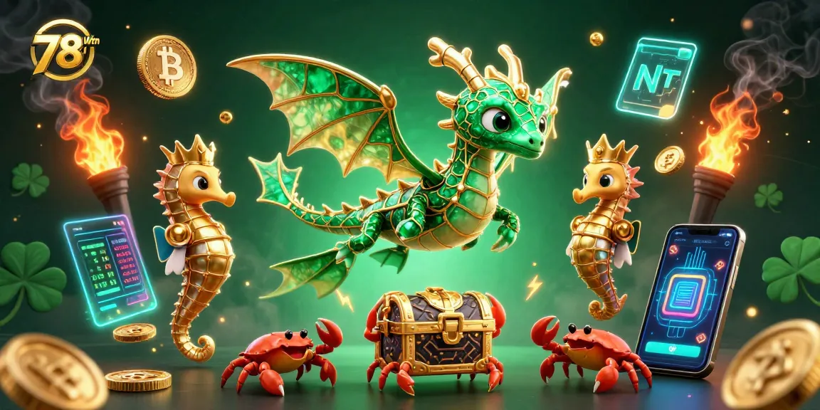 Win big with 78Win as the sea dragon and treasure crabs celebrate cryptocurrency success in a lively casino game.