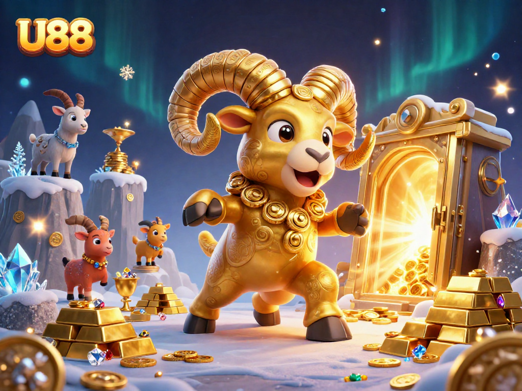 Experience exhilarating U88 gameplay with a vibrant illustration of a golden ram charging into a treasure-filled scene.