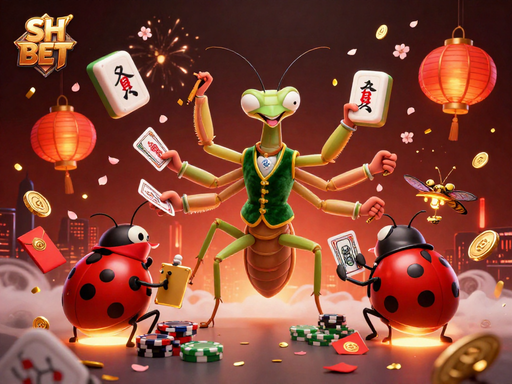 SH BET showcases a vibrant casino scene featuring a giant praying mantis card sharp engaging players in a lively atmosphere.