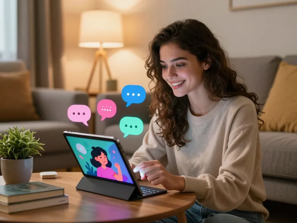 Young woman chatting with her AI gf in a warm living room setting
