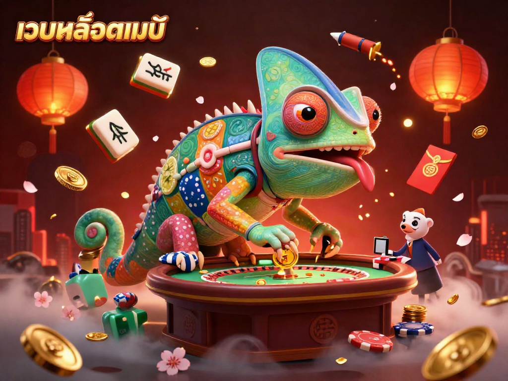 Engage in thrilling moments at เว็บสล็อตแท้ with a dynamic chameleon casino owner capturing golden coins in the vibrant world of online gaming.