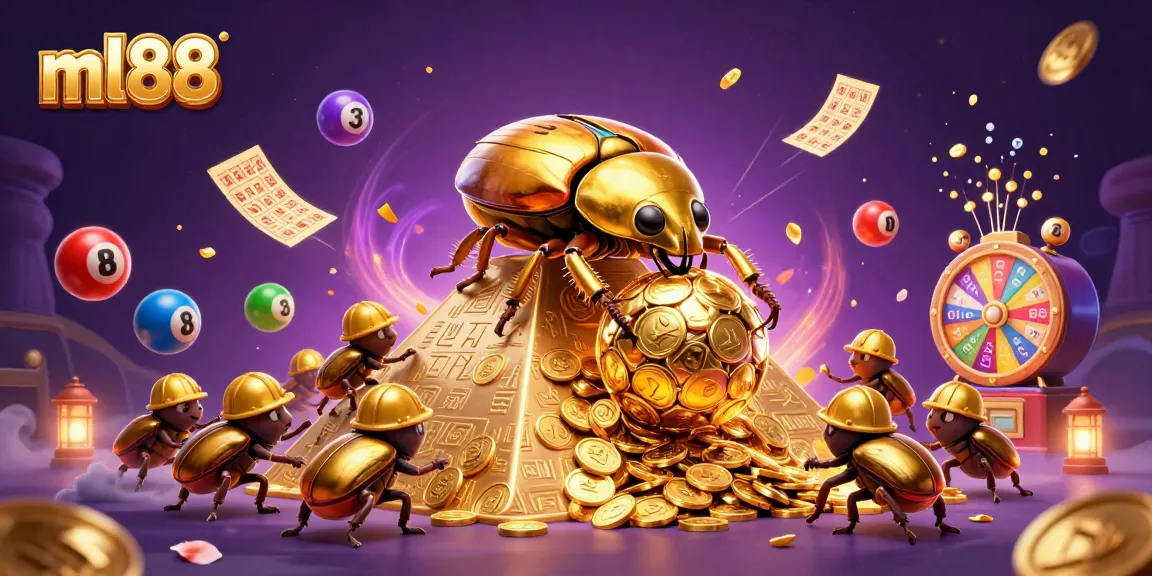 Experience the excitement of ml88 with vibrant, dynamic casino-themed 3D artwork showcasing golden beetles and fun lottery elements.