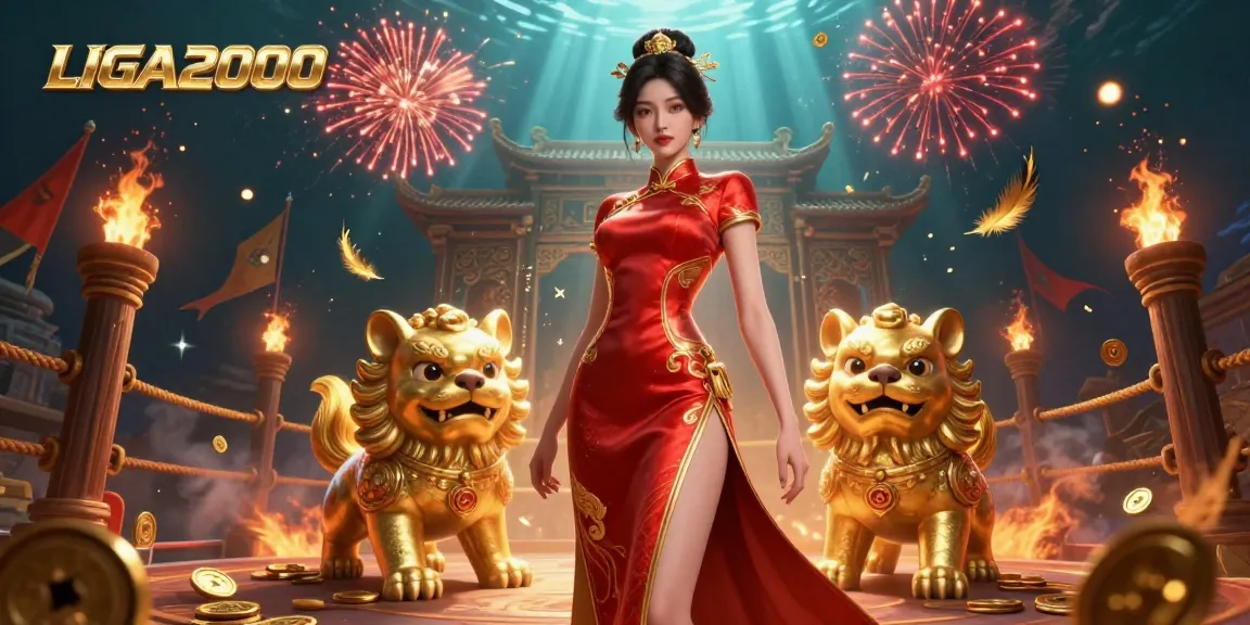 LIGA2000 menampilkan adegan 3D yang dinamis dengan seorang wanita Asia glamor di tengah koin emas dan kembang api yang meriah.