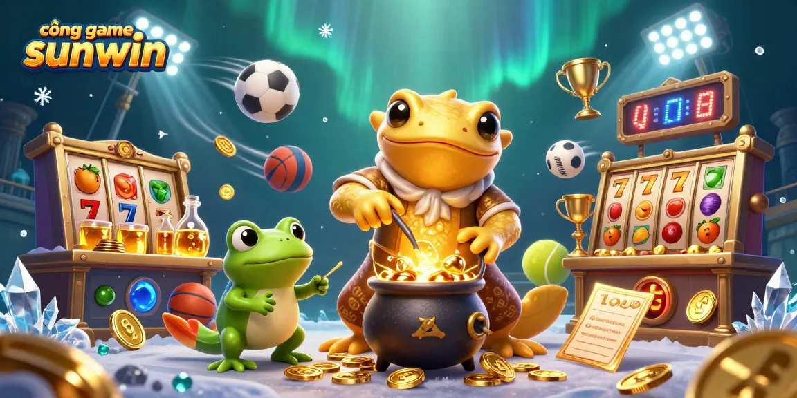 Spin the reels at cổng game sunwin while gold coins and vibrant sports elements fly around.