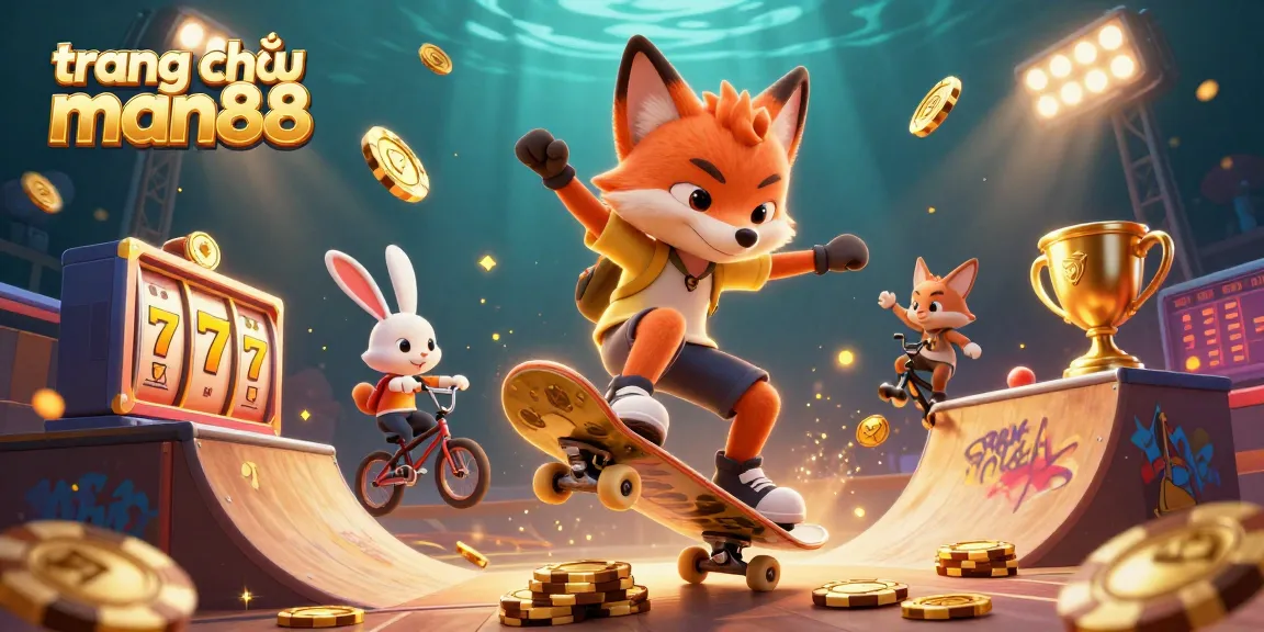 Exciting scene of a skateboarder fox and BMX rabbit promoting trang chủ man88 online slot games.